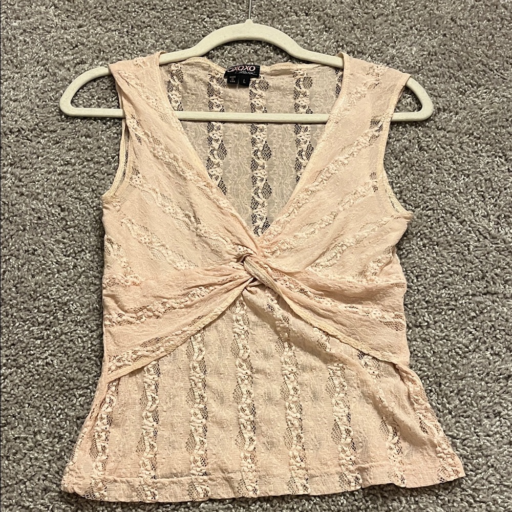 XOXO Women's Blush Lace Twist-Front Blouse